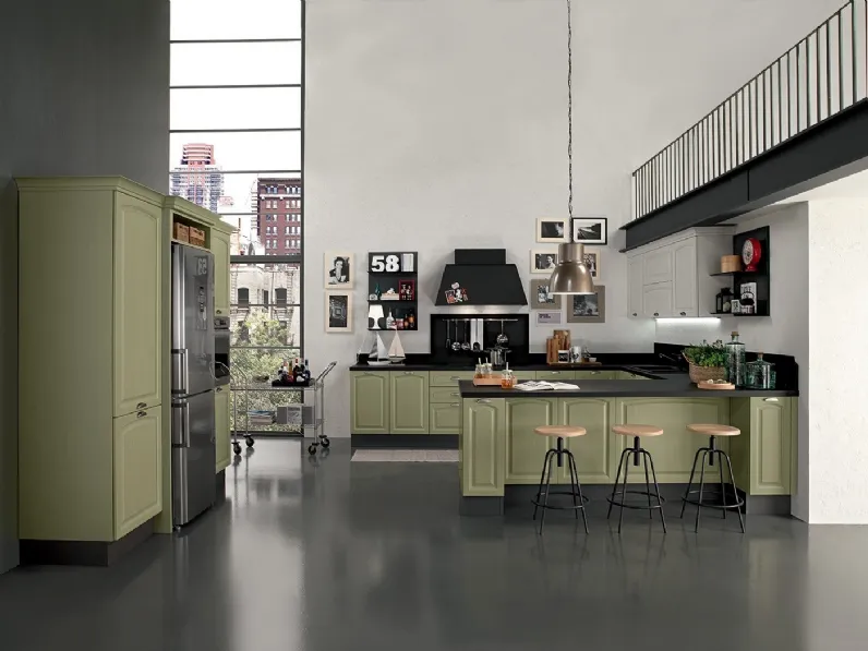 Cucina Classica con penisola Mida 06 in legno naturale Verde di Colombini Casa Artec