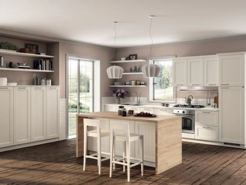 Cucina Classica con isola Colony 03 in laccato Bianco a doghe di Scavolini