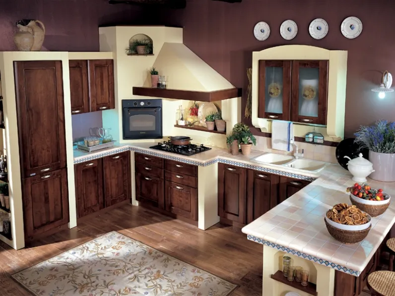 Cucina Classica angolare con penisola Dacia composizione 01 in legno massello di Ontano tinto Noce di Di Iorio