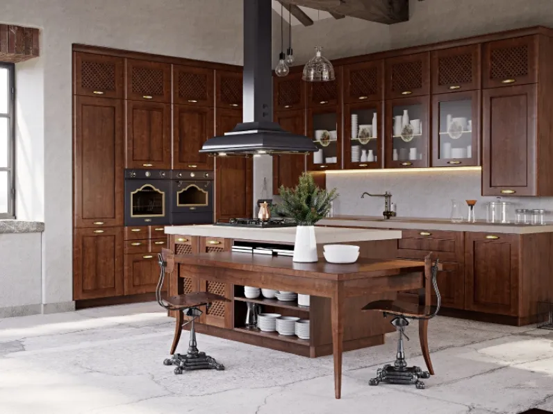 Cucina Classica con isola Dacia composizione 04 in legno massello di Ontano tinto Noce di Di Iorio
