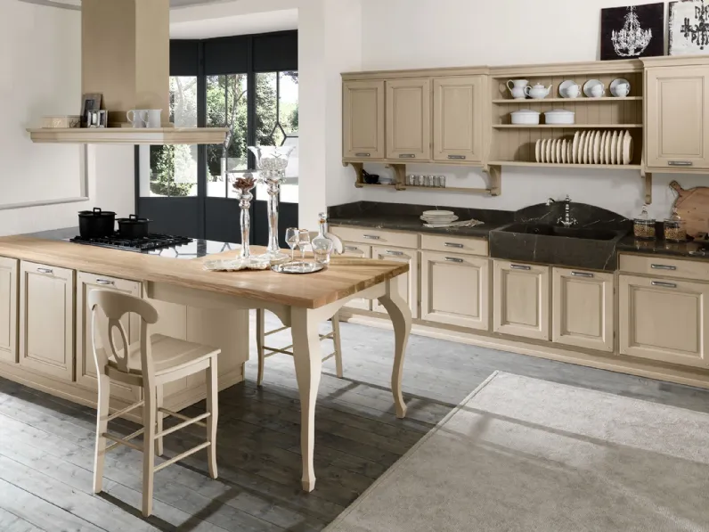 Cucina Classica con penisola La Corte in legno finitura Tortora di GR Mobili
