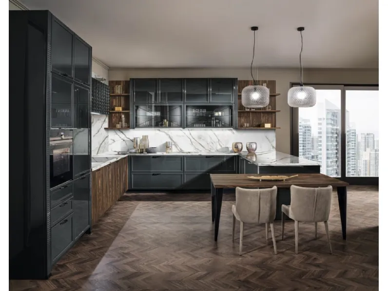 Cucina Classica Luxury Glam laccata lucida con penisola di Aster Cucine