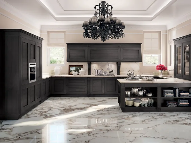 Cucina Classica angolare con penisola Melograno in Rovere tinto Grigio Scuro e top in marmo Calacatta Oro di Composit