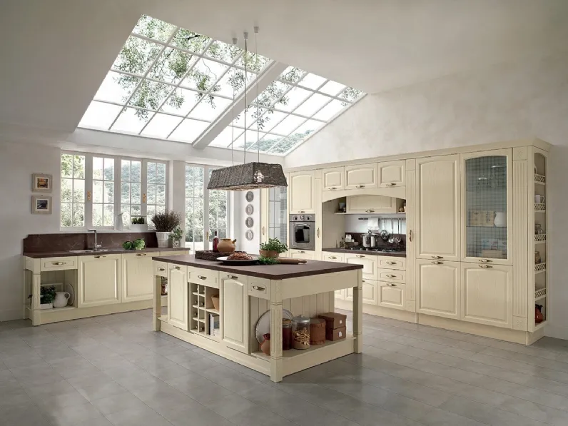 Cucina Classica con isola Mida 03 in legno naturale Avorio di Colombini Casa Artec