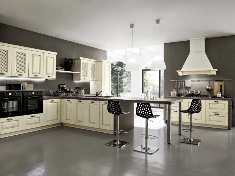 Cucina Classica con penisola Nora 06 in legno laccato Decapé Bianco Antico di Arrex