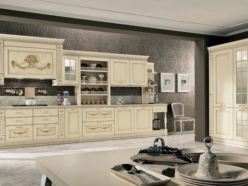 Cucina Classica ad angolo Opera 05 in legno naturale Avorio Gold di Colombini Casa Artec