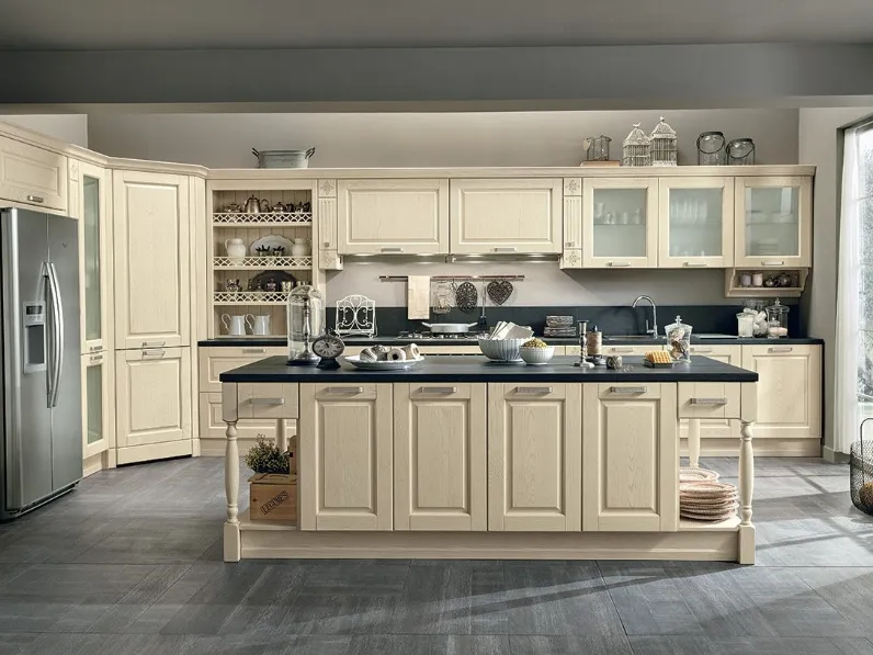 Cucina Classica con isola Opera 02 in legno naturale Avorio di Colombini Casa Artec