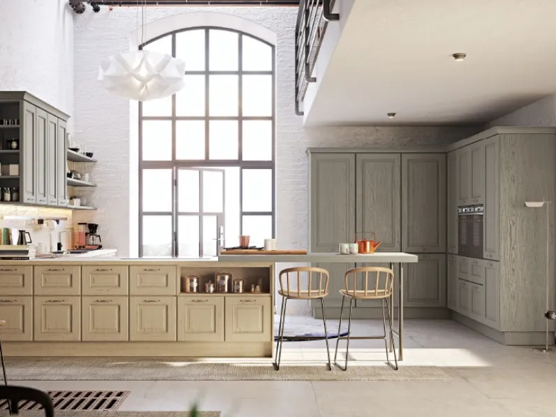 Cucina Classica con penisola Opera composizione 07 in legno di Di Iorio