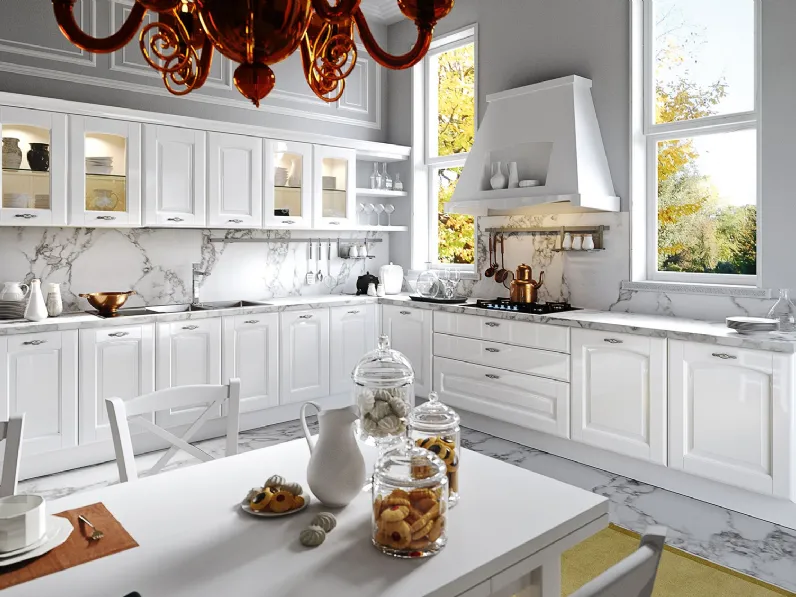 Cucina Classica angolare Trevi in Castagno laccato Bianco lucido di Aran