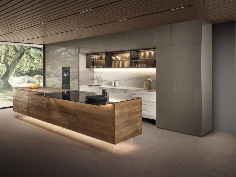 Cucina Design con isola 36e8 Project 2811 in legno e vetro di Lago