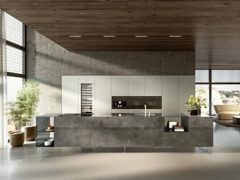 Cucina Design con isola 36e8 Project 2812 in vetro di Lago