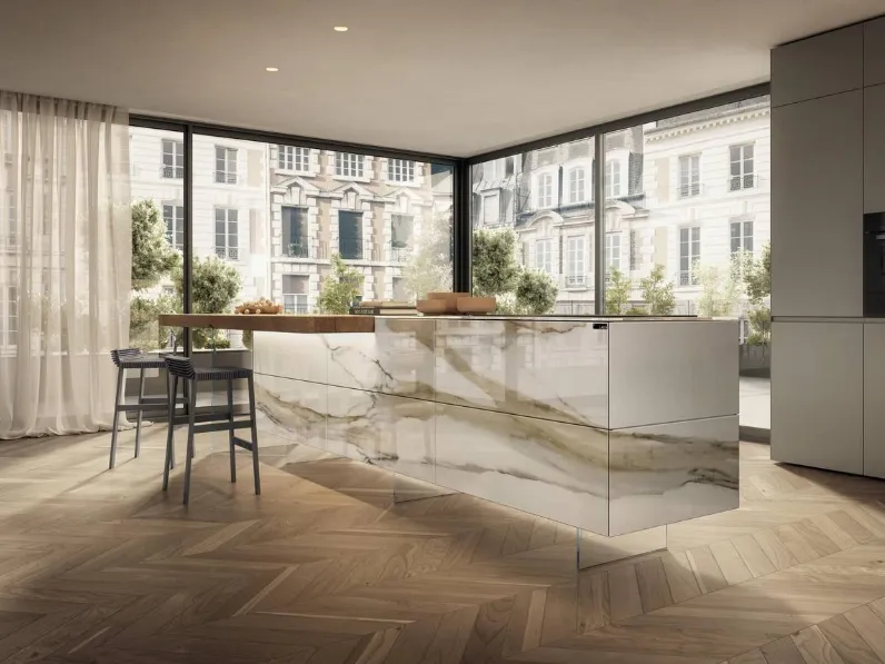 Cucina Design con isola 36e8 Project 2813 in vetro effetto marmo di Lago