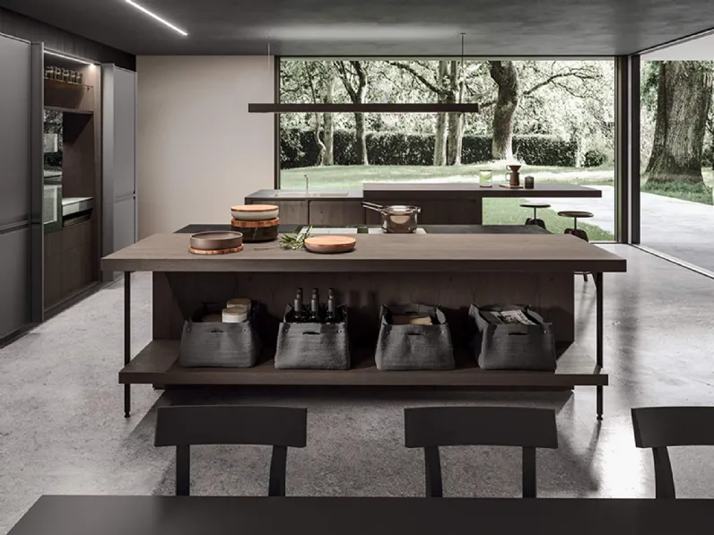 Cucina Design con doppia isola in castagno spazzolato e top in gres metallo black Ak 07 05 di Arrital