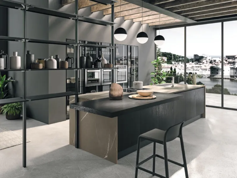 Cucina Design con isola Volare in Rovere Moka e laminato di Aran