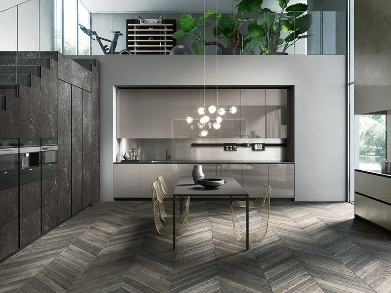 Cucina Design angolare Ak 04 02 in vetro lucido Grigio Londra e Laminam di Arrital