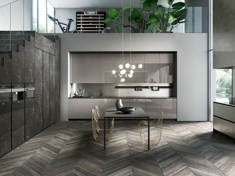 Cucina Design angolare Ak 04 02 in vetro lucido Grigio Londra e Laminam di Arrital