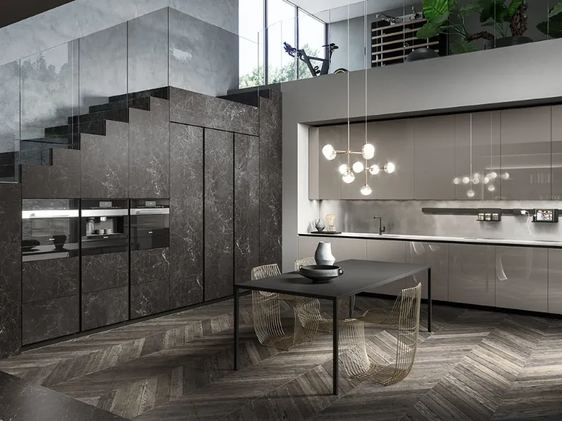 Cucina Design angolare Ak 04 02 in vetro lucido Grigio Londra e Laminam di Arrital