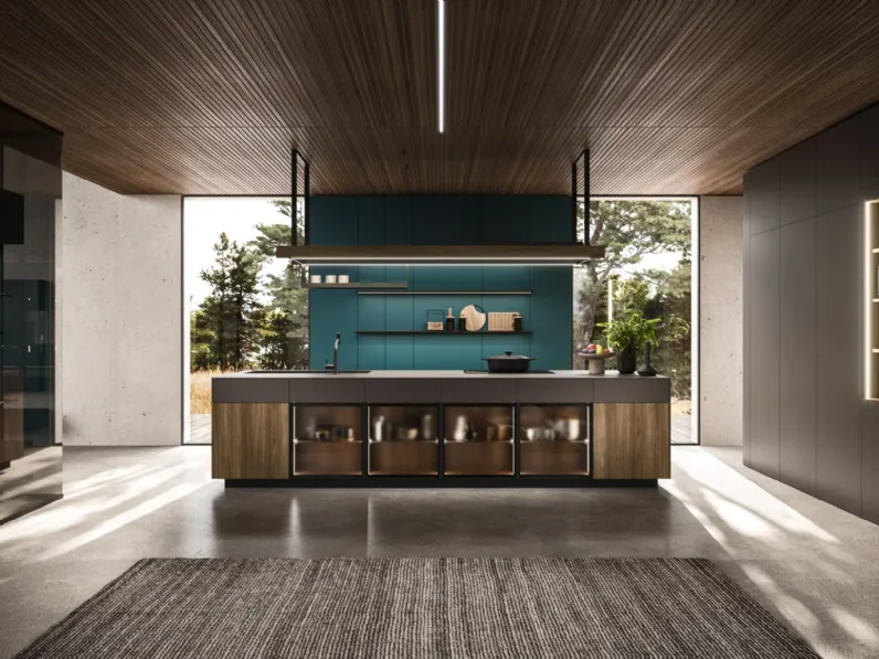 Cucina Design con isola Ak Project 01 in finitura Noce e Fenix di Arrital