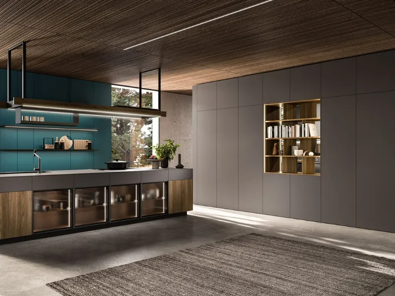 Cucina Design con isola Ak Project 01 in finitura Noce e Fenix di Arrital