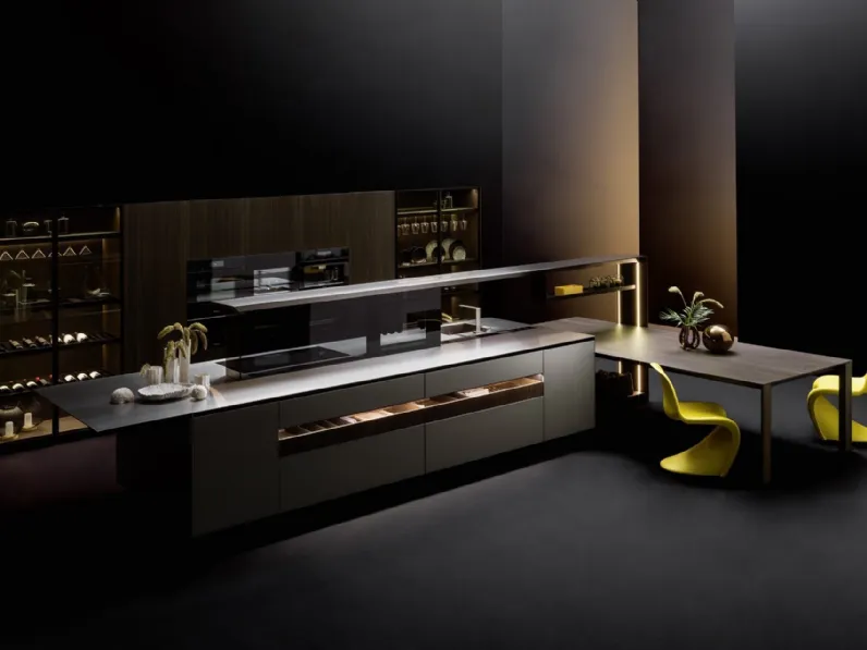 Cucina Design con isola Nautila 02 in laccato iron quartz e top in acciaio inox satinato di Arrital