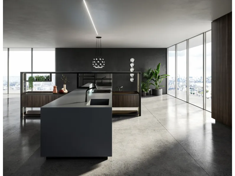 Cucina Design con isola Nautilia 05 in Fenix NTM grigio bromo e Rovere fumè di Arrital