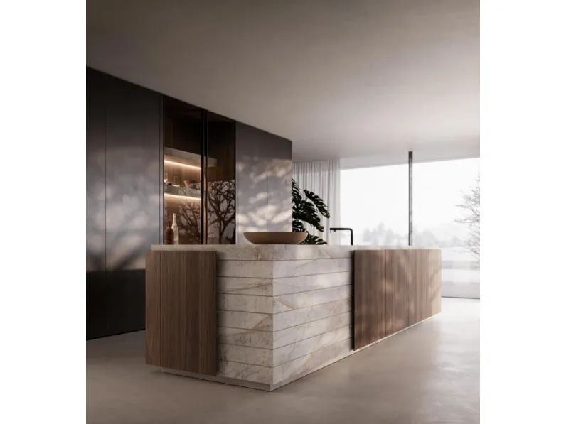 Cucina Design con isola Art in noce e marmo di Modulnova
