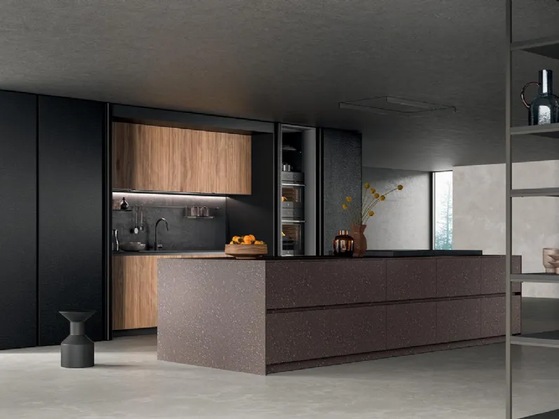 Cucina Design con isola HC-08 Minimal Design 02 in laccato speciale pietra e krekelle di Astra