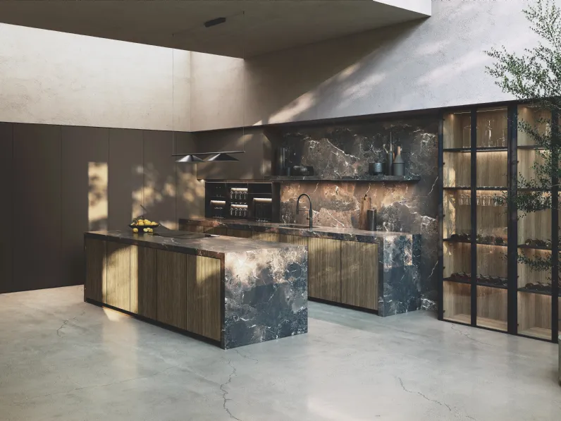 Cucina Design con isola Avola in legno e gres di Binova