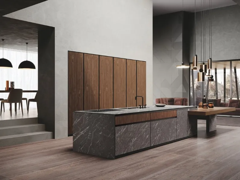 Cucina Design con isola Avola in legno e gres di Binova