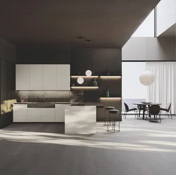 Cucina Design con penisola Balance Superlac in laccato e bilaminato rovere di Binova