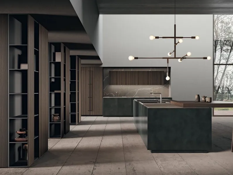 Cucina Design con isola in laccato effetto metallico e bilaminato effetto legno con top in gres Scava di Binova