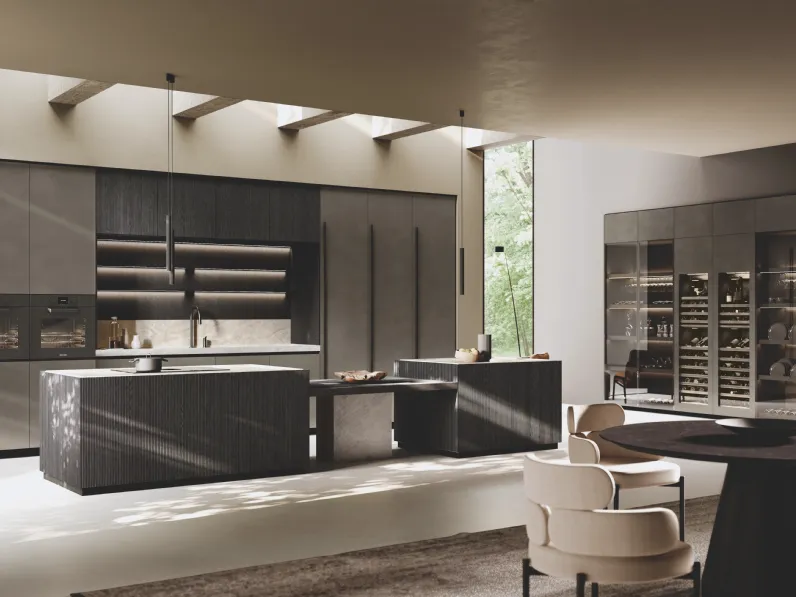 Cucina Design in laccato Metal con isola Bluna Legno Rigato di Binova