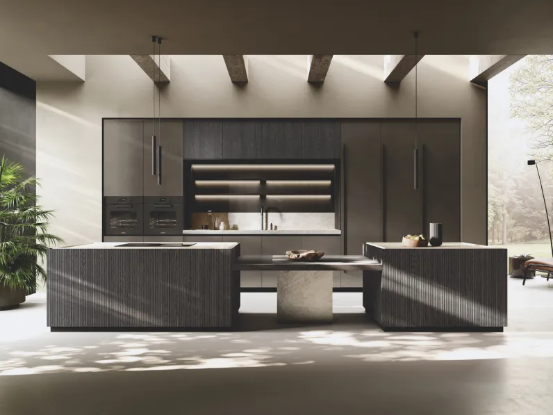 Cucina Design in laccato Metal con isola Bluna Legno Rigato di Binova