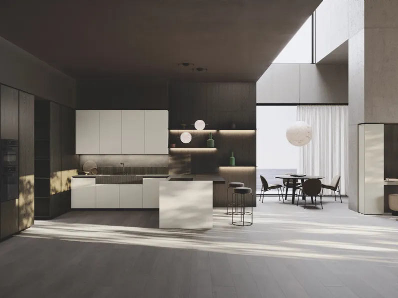 Cucina Design con penisola Bluna Tech Opaco in laccato e bilaminato legno Rovere di Binova