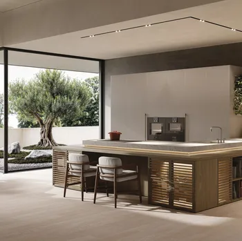 Cucina Design con penisola Bluna + Zen in alluminio e noce di Binova