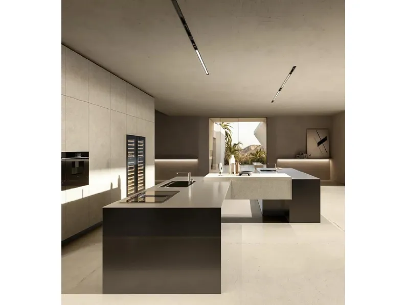 Cucina Design in fibra di carbonio e vetro acidato laccato con isola C4K di Doimo Cucine