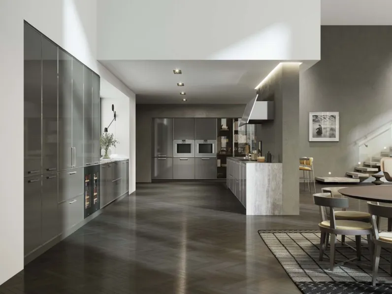 Cucina Design con penisola Céline in acciaio inox e laccato lucido Verde Palude di Composit