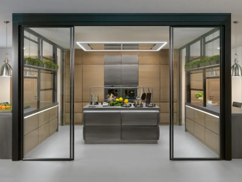 Cucina Design con isola Chronos 4 in acciaio e legno de L'Ottocento