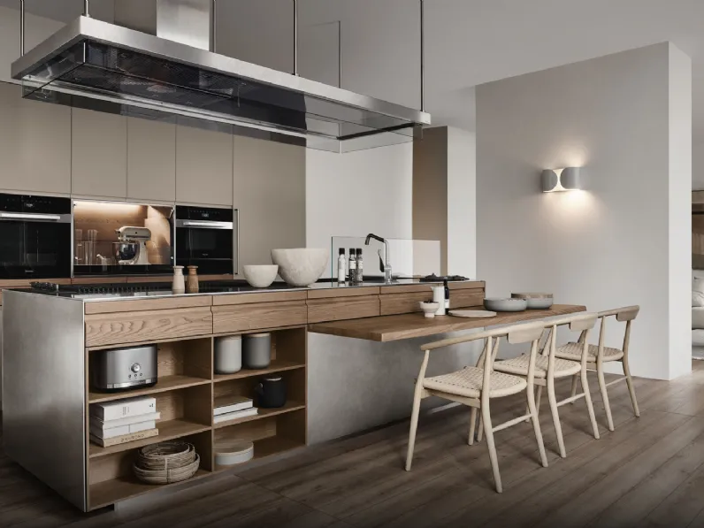Cucina Design in acciaio, legno e Fenix NTM® nocciola Convivium con snack integrato di Arclinea