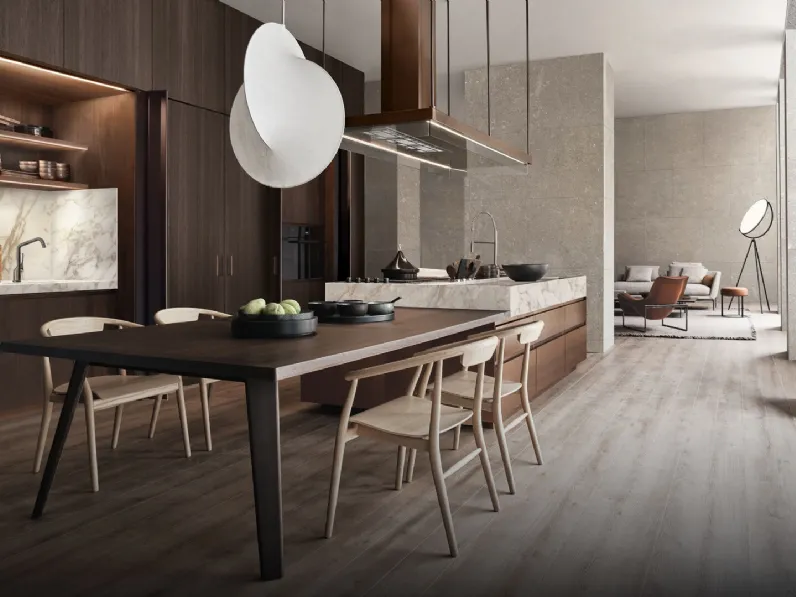 Cucina Design in legno, acciaio e marmo Convivium con tavolo integrato di Arclinea