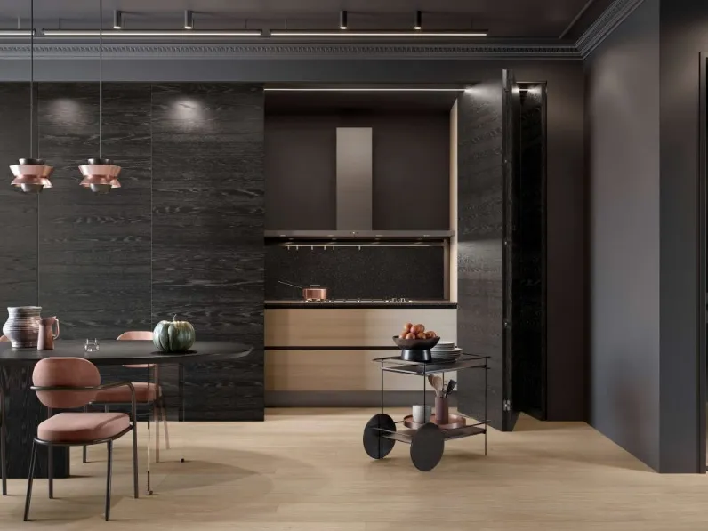 Cucina Design 02 lineare a scomparsa in legno di Rovere Nero e Rovere Ice di Garofoli