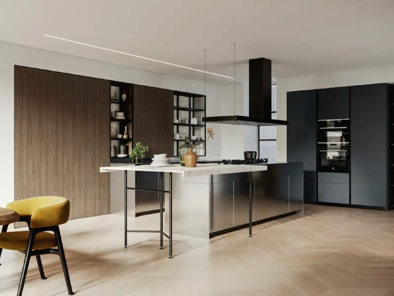 Cucina Design D23 impiallacciato Michelangelo, Inox e Antracite di Doimo Cucine