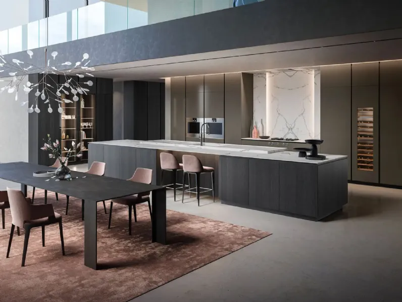 Cucina Design con isola Diamond + Yota Portrait 24 in laccato lucido e Rovere di Armony