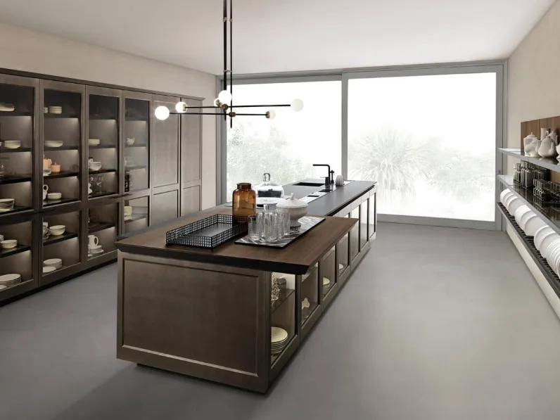 Cucina Design Filò Project 2 con isola in laccato opaco ossidato e vetro di Euromobil