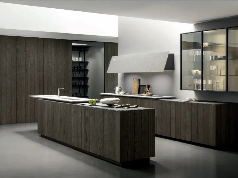 Cucina Design con isola Float finitura Rovere Carbone con top in Pietra Piasentina Fiammata di Modulnova