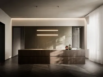 La cucina design con isola Fly di Rovere è caratterizzata dalla sua forma compatta ed essenziale che