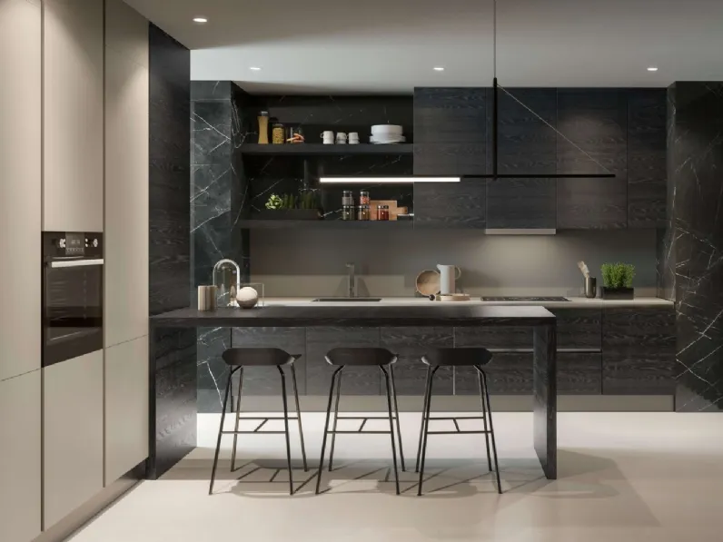 Cucina Design 01 con penisola  in legno di Rovere nero e vetro marmo Nero Marquinia di Garofoli