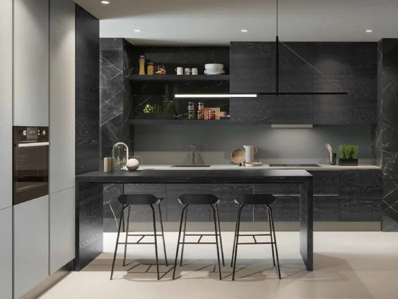 Cucina Design 04 in rovere nero e laccato con penisola di Garofoli
