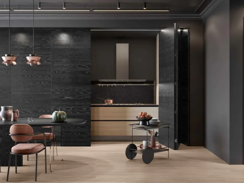 Cucina Design 05 a scomparsa in rovere ice e rovere nero di Garofoli