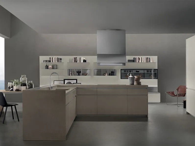 Cucina Design con isola ad angolo Icon 02 in gres porcellanato e rovere quercus di Ernestomeda